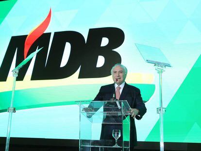 Temer, na conven&ccedil;&atilde;o do partido, que j&aacute; trazia a sigla &quot;MDB&quot;.