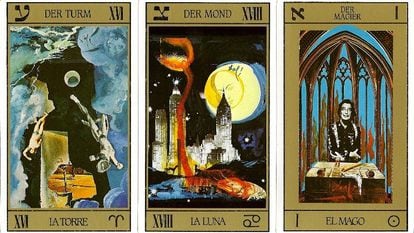 Três das cartas do tarô desenhadas por Dalí. Em seu baralho, ele se apresenta a si mesmo como o mago, e a Gala como a imperatriz.