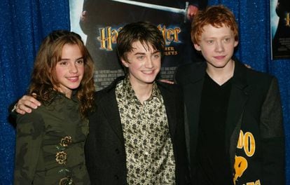 Emma Watson, Daniel Radcliffe e Rupert Grint em uma das estreias da saga 'Harry Potter', em 2002, em Nova York.