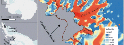 Localização da plataforma Larsen C, da plataforma Wordie e do sistema glaciar Fleming com as posições das linhas de gelo desde 1947 até 2016