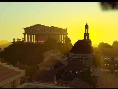 Cidade romana recriada com o videogame Minecraft.