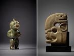 A la izquierda, una Figura olmeca de piedra y a la derecha, Efigie de piedra maya Hacha Clásico Tardío, ofrecida a subasta en la página web de La casa Sotheby’s.