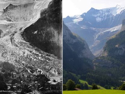 O glacial Lower Grindelwald, nos Alpes suíços, em 1865 e em 2019.