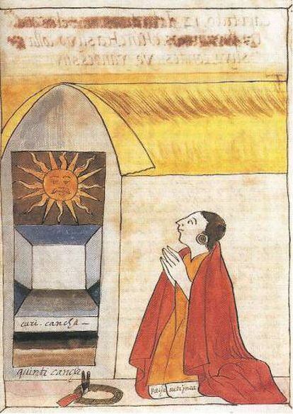 Ilustração da crônica de Martín de Murúa que mostra o inca Pachacútec e o deus do sol, Inti.