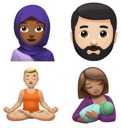 Alguns dos novos emojis da Apple. Acima à esquerda, a mulher com véu. Os emojis poderão ser utilizados com vários tons de pele.
