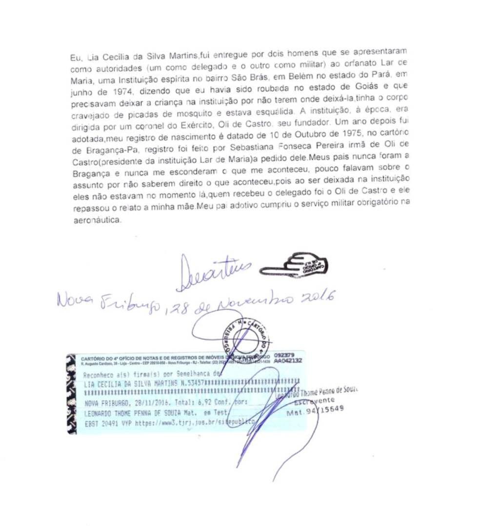Depoimento de Lia Martins registrado em cartório.
