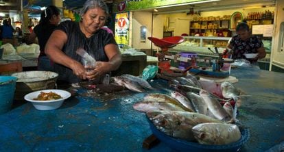 Moradora de Juchitán de Zaragoza (México) manipula peixe em um mercado.