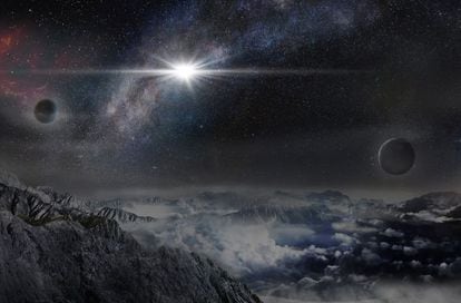 Reconstrução da supernova ASASSN15lh, vista de um exoplaneta a 10.000 anos-luz da estrela.