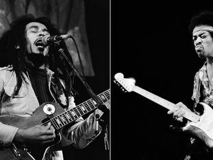 Do lado esquerdo, Bob Marley com uma Gibson Les Paul no Roskilde Festival 1978, na Dinamarca. Do lado direito, Jimi Hendrix, com uma Fender Stratocaster em Copenhague em 1970.