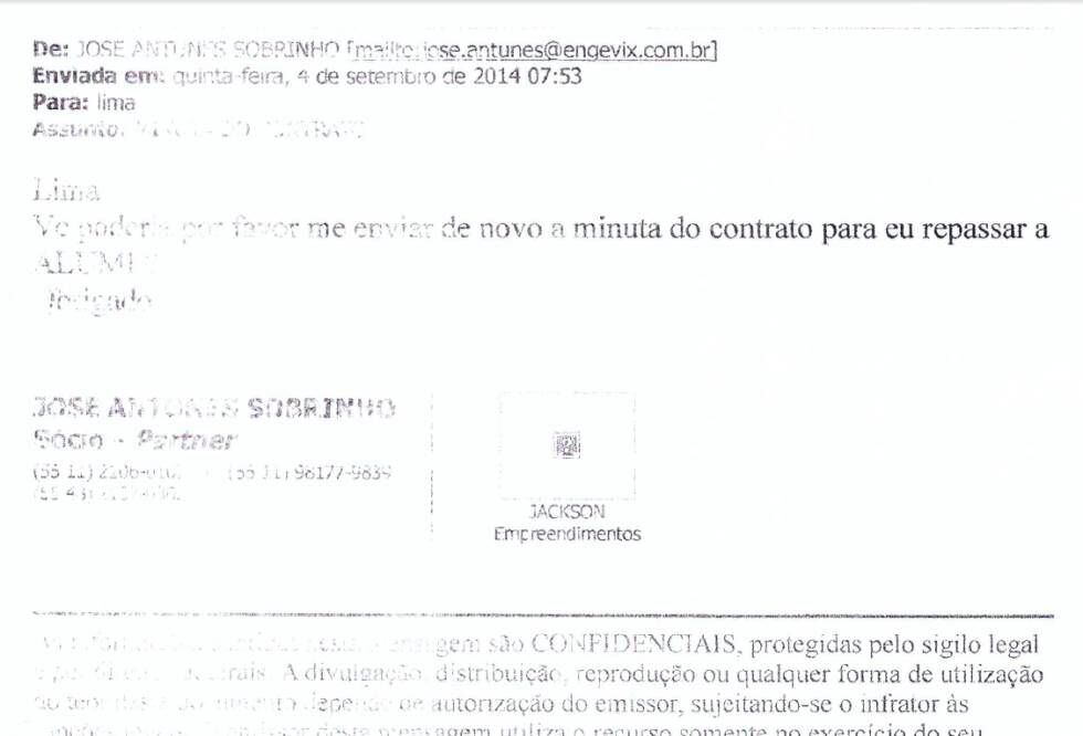 E-mail supostamente enviado pelo empresário José Antunes Sobrinho ao coronel Lima com o texto seguinte: 
