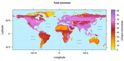 O mapa mostra a prevalência geográfica das 150 zoonoses incluídas no estudo.