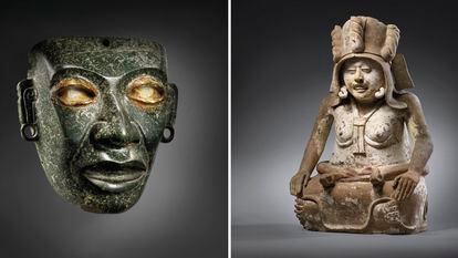 A máscara teotihuacana (à esquerda) e a estátua da deusa Cihuatéotl.