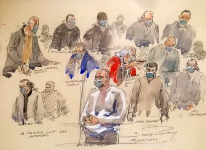 Ilustração feita em novembro dos presentes no julgamento pelos ataques contra o 'Charlie Hebdo' e o supermercado Hyper Cacher.