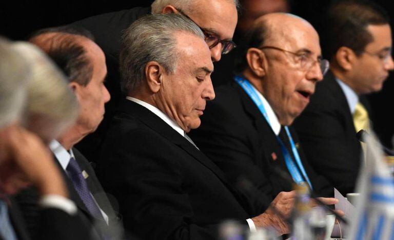 Temer, o chanceler Nunes (à esq.) e Henrique Meirelles na cúpula do Mercosul, na Argentina.