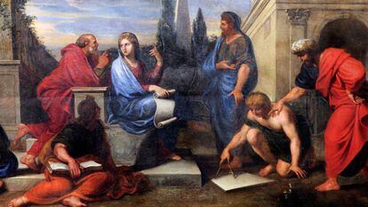 Pintura a óleo ‘Aspásia rodeada de filósofos gregos’, de Michel Corneille.