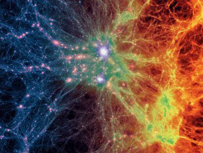 A transição da matéria escura (esquerda) ao gás (direita) em um cúmulo galáctico, segundo o modelo Illustris da evolução do Universo.