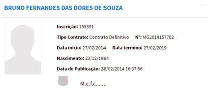 Registro do contrato de Bruno com o Montes Claros na CBF.
