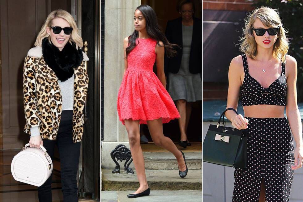 A influência das celebridades: Emma Roberts, com bolsa da marca; Malia Obama, com vestido de renda de Kate Spade, e Taylor Swift, com bolsa criada por ela. 