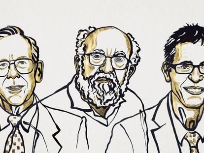 James Peebles, Michel Mayor e Didier Queloz, prêmios Nobel de Física, em um desenho distribuído pela Fundação Nobel.