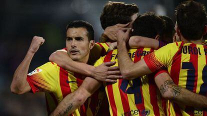 Pedro comemora o quinto gol do Barça.