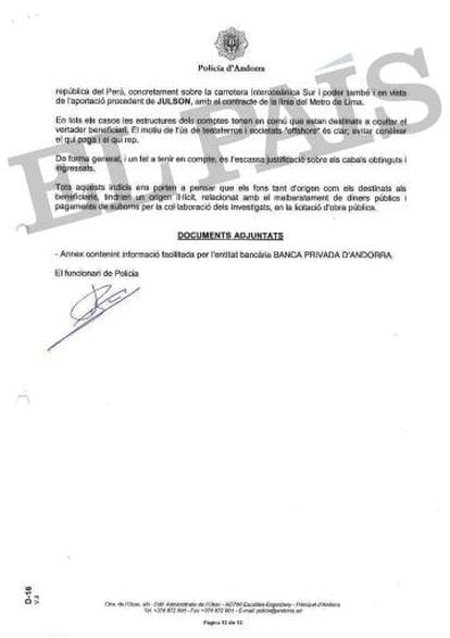 Relatório da Policia de Andorra sobre os supostos subornos da Odebrecht a altos servidores públicos do Peru.