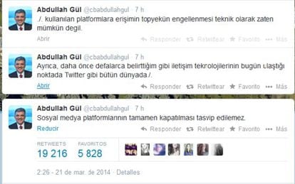 Tuits do presidente turco nos que recusa o bloqueio de Twitter.