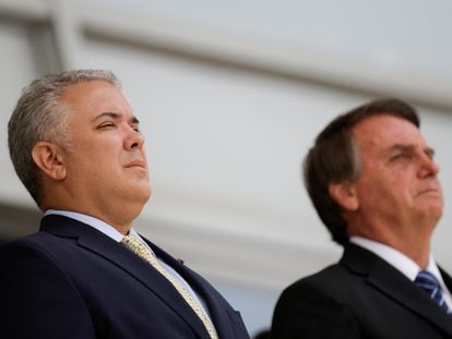 O presidente da Colômbia, Iván Duque, em encontro com Jair Bolsonaro nesta terça, em Brasília.