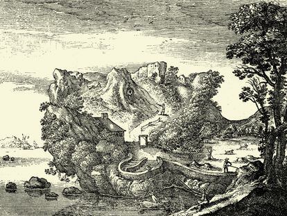 Esta ilustración del siglo XVII juega con la idea de una cabeza integrada en un paisaje.