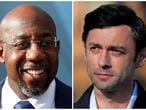 Democratic U.S. Senate candidates Rev. Raphael Warnock and Jon Ossoff are seen in a combination of file photographs as they campaign on election day in Georgia's U.S. Senate runoff election, in Marietta and Atlanta, Georgia, U.S., January 5, 2021. Pictures taken January 5, 2021.  REUTERS/Mike Segar, Brian Snyder