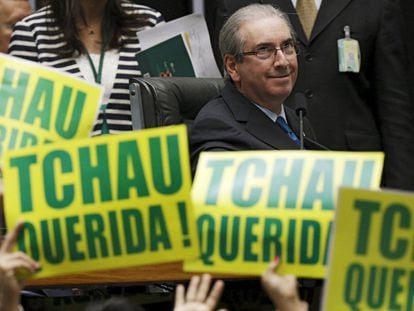 Cunha na sessão em que a Câmara dos Deputados aprovou o impeachment de Dilma Rousseff, em 17 de abril de 2016.